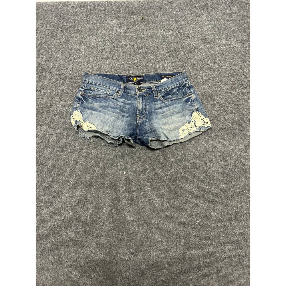 Lucky Brand Denim Shorts Womens Size 4 Blue Riley Crochet Lace Trim Cut Off Boho